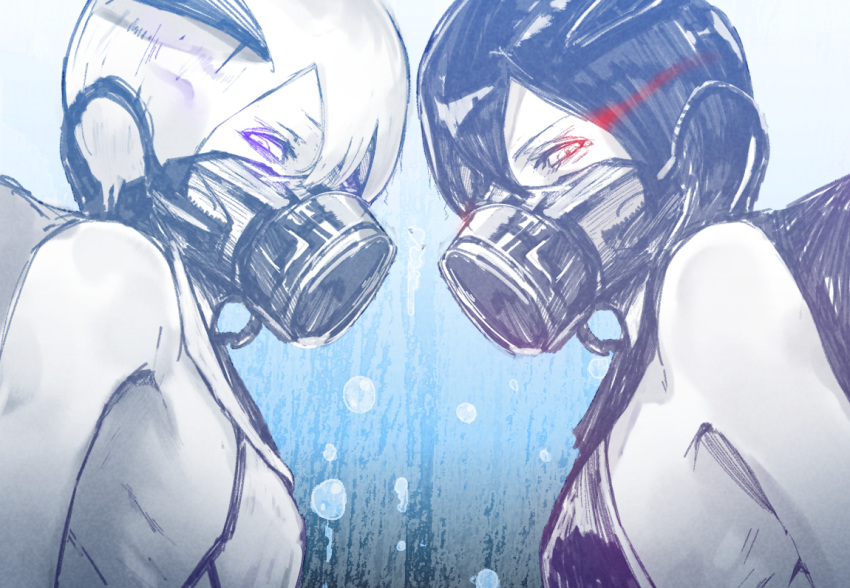 2girls abyssal_ship abyssal_twin_princess_(black) abyssal_twin_princess_(white) bangs black_dress black_hair bubble colored_skin dress glowing glowing_eyes hair_between_eyes headgear kantai_collection looking_at_viewer mask mouth_mask multiple_girls oxygen_mask pale_skin short_hair tomamatto underwater upper_body violet_eyes white_dress white_hair white_skin