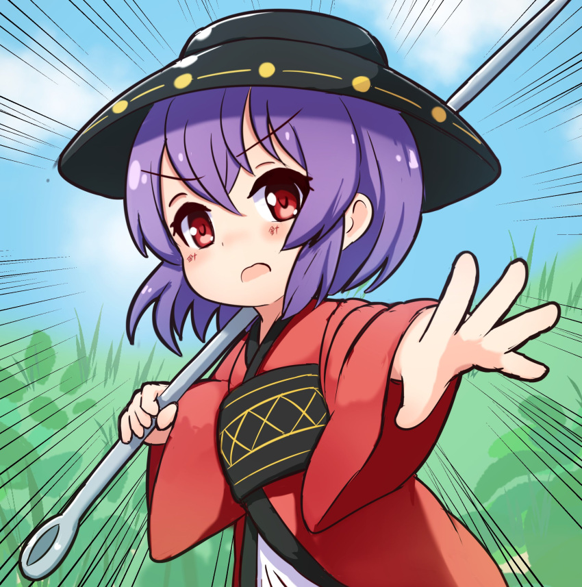 1girl bowl bowl_hat emphasis_lines ferdy's_lab hat highres holding japanese_clothes kimono motion_lines needle obi open_mouth outstretched_hand reaching_out red_kimono sash sky solo sukuna_shinmyoumaru touhou wide_sleeves