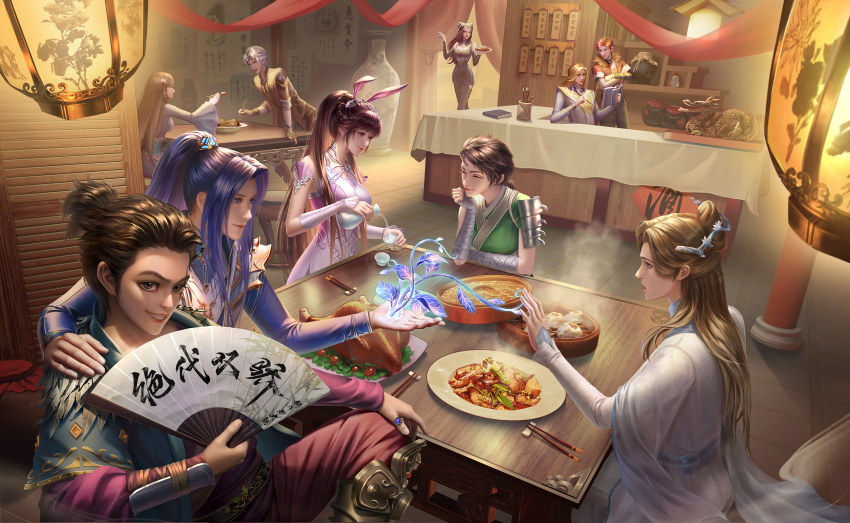 5boys 5girls bar_(place) book character_request chicken_(food) copyright_request crossover dai_mubai_(douluo_dalu) douluo_dalu dumpling everyone folding_screen food grass hand_fan hand_on_another's_shoulder highres holding holding_fan man_yue_chuanmei multiple_boys multiple_girls ning_rongrong_(douluo_dalu) official_art oscar_(douluo_dalu) plate pouring scroll sitting smile steam table tang_san vase xiao_wu_(douluo_dalu) zhu_zhuqing_(douluo_dalu)