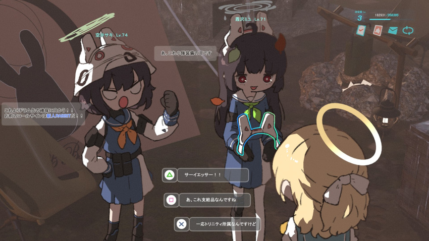 3d_background amonitto animal_ears black_gloves black_hair blonde_hair blue_archive blue_sailor_collar blue_serafuku blue_skirt clenched_hand dialogue_box fake_animal_ears fake_screenshot gloves green_neckerchief halo hand_on_hip hand_up helmet highres leaf long_hair long_sleeves medium_hair mixed_media miyu_(blue_archive) neckerchief outdoors ponytail rabbit_ears red_eyes sailor_collar saki_(blue_archive) school_uniform serafuku short_hair skirt tactical_clothes tent trinity_student_(blue_archive) user_interface white_headwear white_sailor_collar