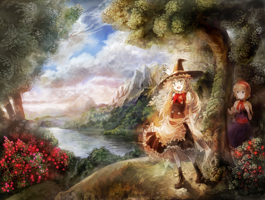 alice_margatroid cloud forest hat highres kirisame_marisa landscape mountain multiple_girls nature river scenery sky touhou ultimate_asuka witch