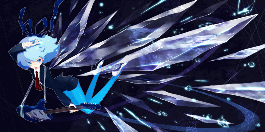 blue blue_eyes blue_hair blue_legwear cirno gin_(oyoyo) guitar hair_ribbon high_heels highres ice instrument necktie pantyhose plectrum ribbon shoes touhou wings