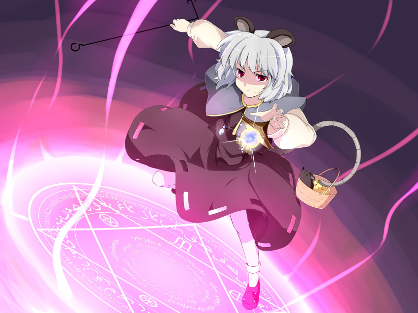 basket batsu dowsing_rod fighting_stance glowing grey_hair highres jeweled_pagoda jewelry magic_circle mouse mouse_ears mouse_tail nazrin pendant red_eyes short_hair tail touhou