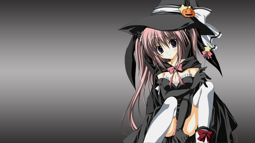 1girl black_hat breasts cleavage eyebrows_visible_through_hair female hand_between_legs long_hair panties pumpkin solo source_request striped_panties thigh-highs underwear white_legwear white_thighhighs witch witch_hat