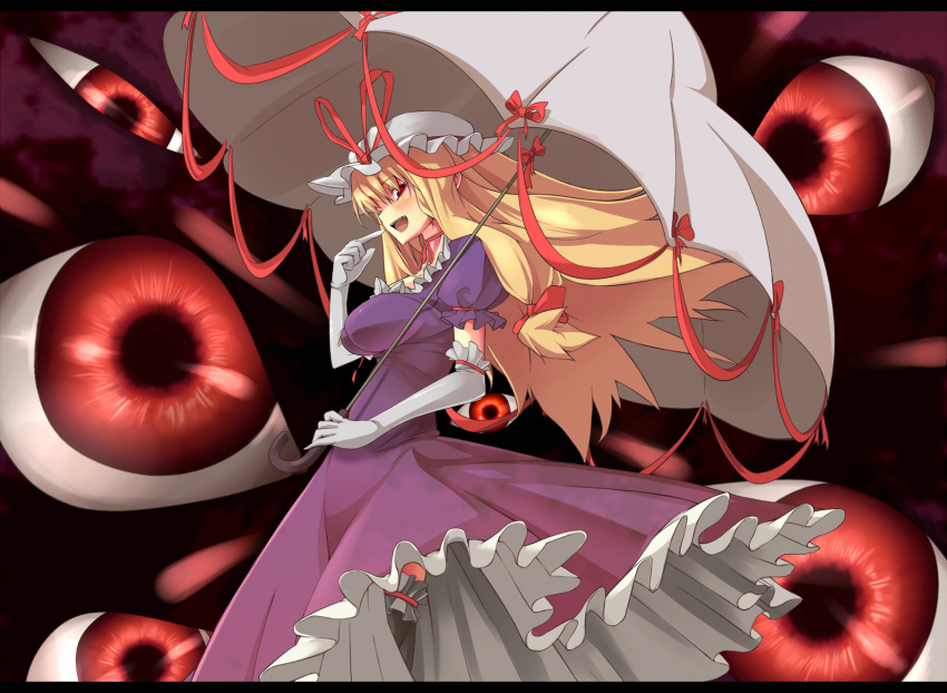 akeboshi_kagayo blonde_hair bow dress elbow_gloves eyes finger_to_mouth gap gloves hair_bow hat highres impossible_clothes impossible_shirt long_hair open_mouth red_eyes ribbon ribbon_choker ribbons shirt solo thighhighs touhou umbrella white_gloves yakumo_yukari