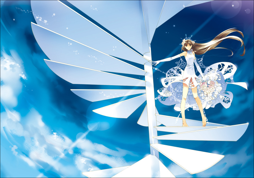 bad_id barefoot bouquet brown_eyes brown_hair chry_(abbey_bc) cloud dress elbow_gloves flower gloves long_hair original sky solo stairs very_long_hair wind