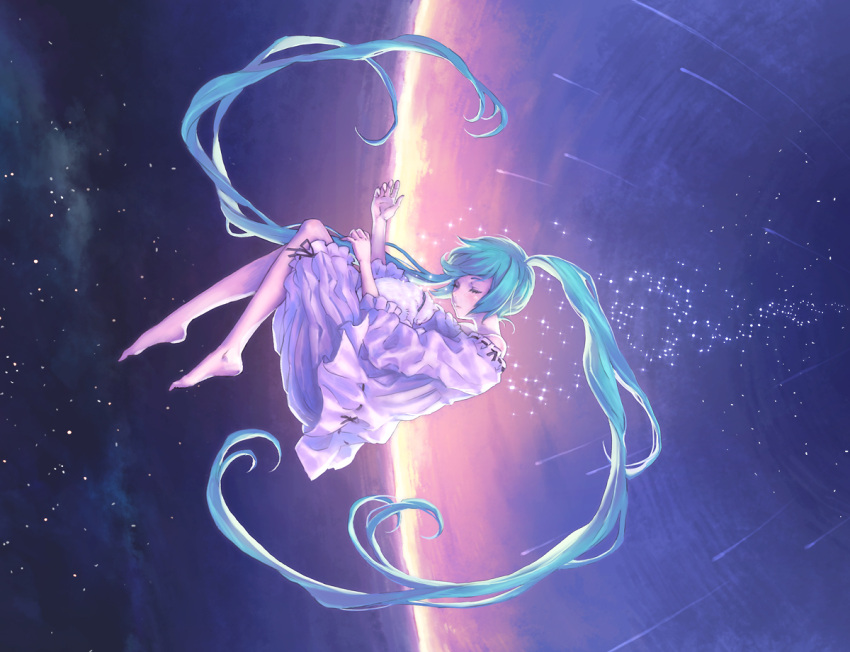 1girl barefoot blue_eyes blue_hair dress hatsune_miku tagme twintails vocaloid