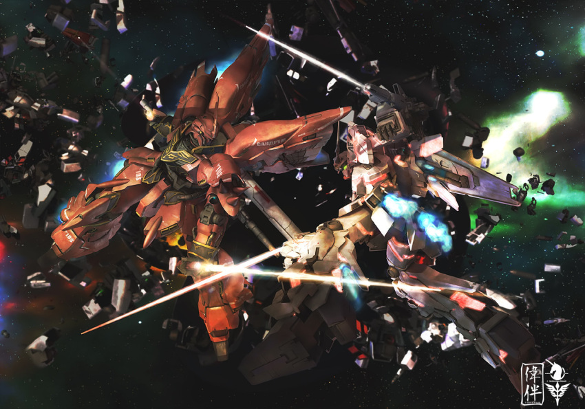 battle energy_sword gun gundam gundam_unicorn highres mecha mobile_suit_gundam nt-d sandrum shield sinanju space sword unicorn_gundam weapon