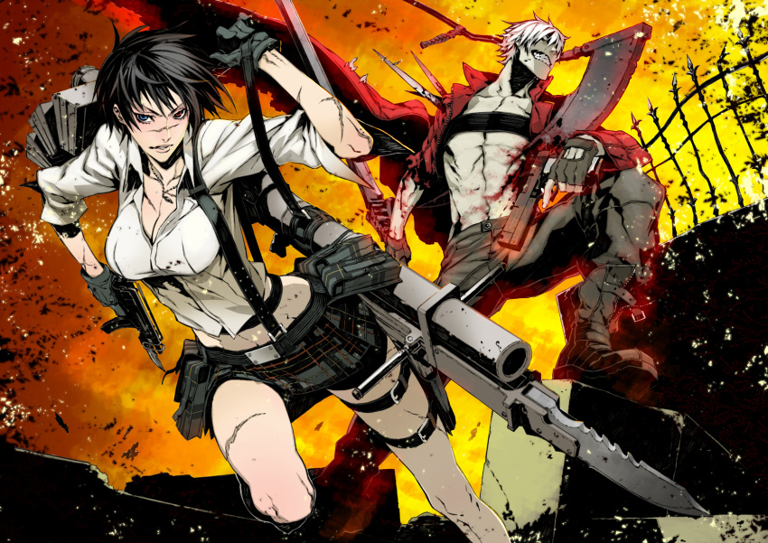 black_hair blood blue_eyes breasts capcom cleavage dante devil_may_cry devil_may_cry_3 evil_grin fingerless_gloves gloves grin gun guns heterochromia highres lady large_breasts lipstick machine_gun miwa_shirou miwa_shirow plaid red_eyes scar scars scythe short_hair skirt smile suspenders teeth thigh_strap weapon weapons white_hair