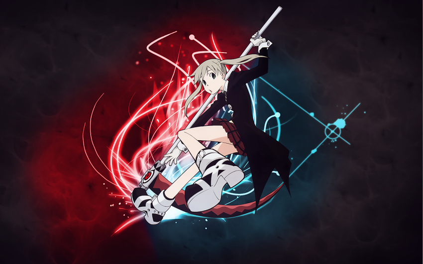 1girl boots green_eyes maka_albarn pleated_skirt scythe soul_eater tagme twintails white_hair