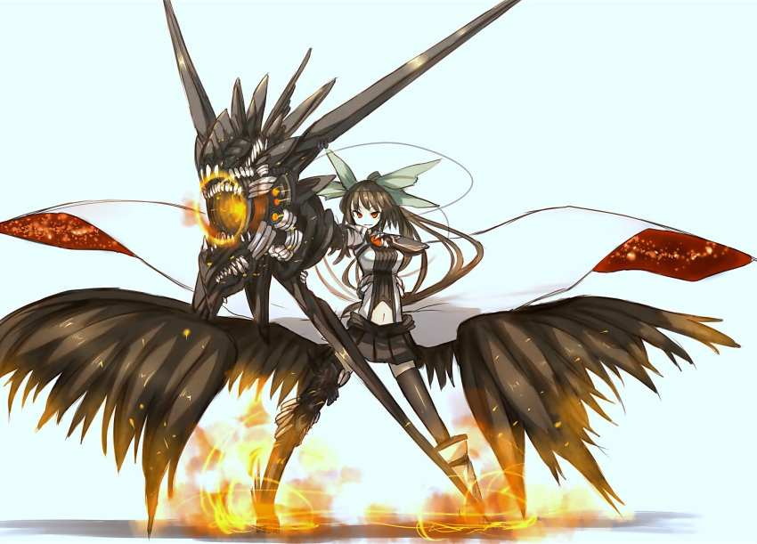 armor black_hair cape gun long_hair red_eyes reiuji_utsuho ribbons shirogane_usagi touhou wings