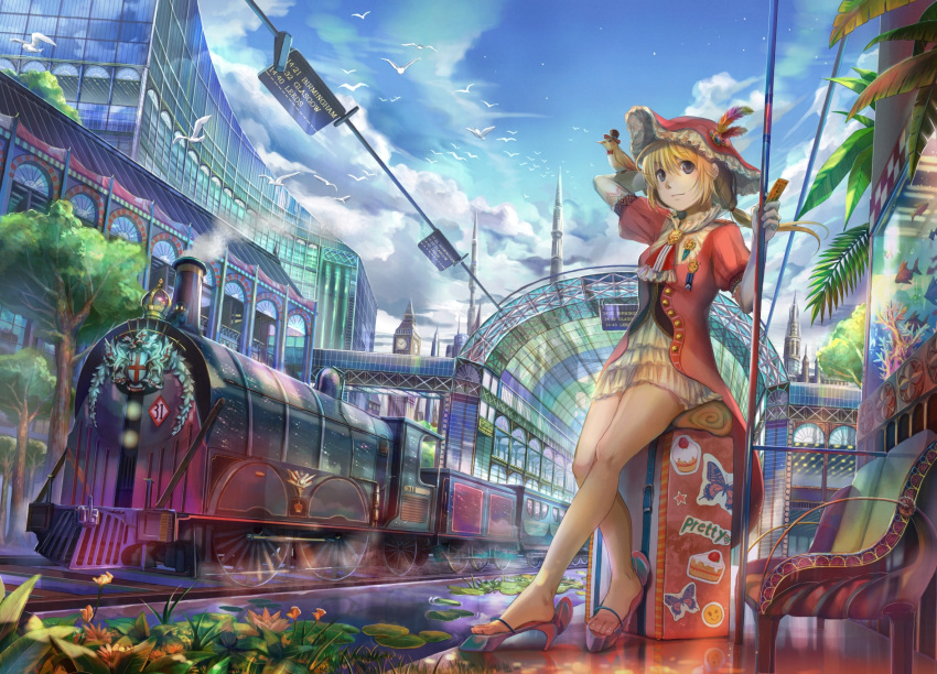 aquarium bird blonde_hair brown_eyes building buttons city clock cloud clouds coat_of_arms crown detached_sleeves dove dragon elbow_gloves feather feet fish flower fuji_choko hat highres jewelry legs light_smile locomotive long_hair neckerchief orange_hair original ornament ponytail purple_eyes railroad_tracks sandals scenery shoes short_hair sign sitting sky sleeping_bag solo steam steam_locomotive sticker suitcase ticket top_hat tower train train_station tree water water_lily window