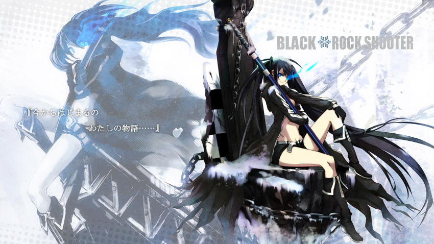 1girl black_hair black_rock_shooter blue_eyes boots jacket multiple_views shorts sword tagme twintails