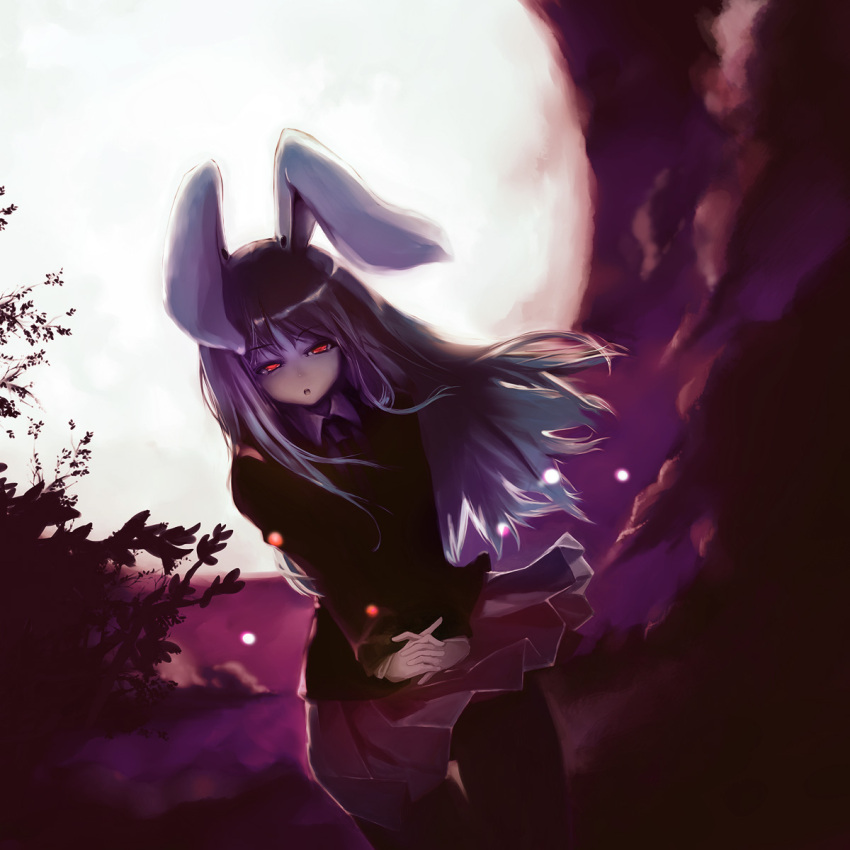 bunny_ears from_below full_moon glowing glowing_eyes hands_clasped highres kanihira long_hair moon necktie night pantyhose purple red_eyes reisen reisen_udongein_inaba skirt touhou uniform usagimimi