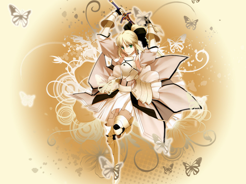 1girl armor blonde_hair fate/stay_night fate/unlimited_codes green_eyes ponytail saber saber_lily sword tagme