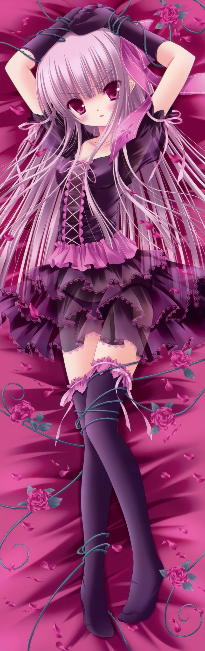 1girl black_panties blush dakimakura dress eyebrows_visible_through_hair female fixed flower garter_belt hands_above_head hands_on_own_head lolita_fashion long_hair looking_at_viewer lying panties purple_eyes purple_hair red_flower rose rose_petals see-through solo thigh-highs thorns tied_up tinkerbell tinkle