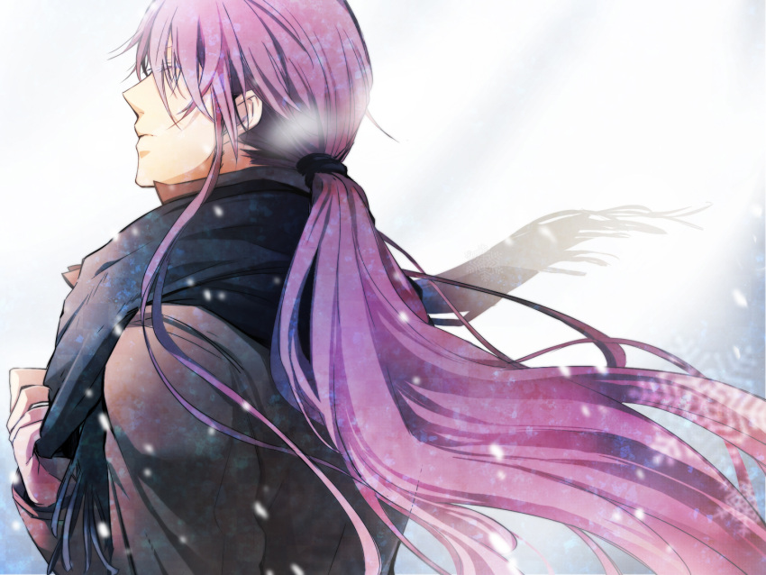 closed_eyes genmai kamui_gakupo long_hair male ponytail purple_hair scarf snow solo very_long_hair vocaloid wind winter