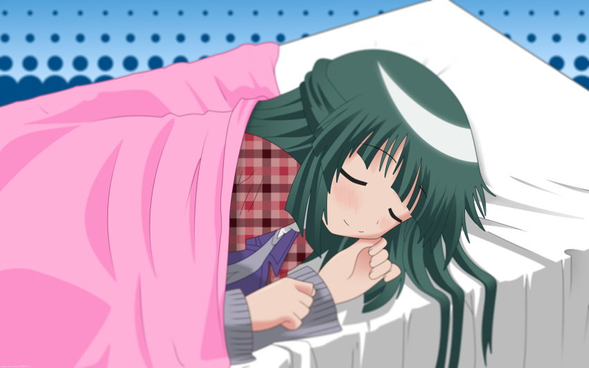 bed green_hair hidamari_sketch long_hair sleep supersonicdarky yoshinoya-sensei
