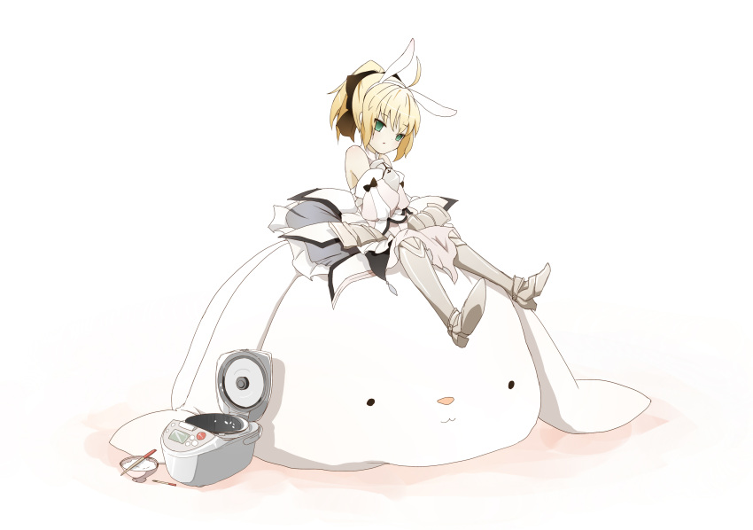 armor armored_dress blonde_hair bunny bunny_ears byurin dress fate/stay_night fate/unlimited_codes fate_(series) green_eyes hair_ribbon highres ponytail ribbon rice rice_cooker saber saber_lily sitting solo white