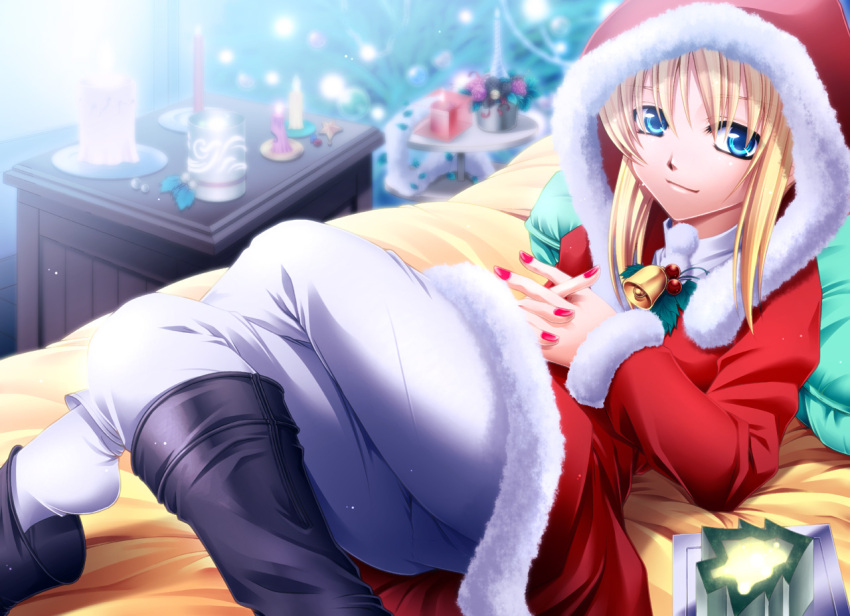 bed bell blonde_hair blue boots candle christmas chritsmas eyes fate/stay_night fate_(series) hat nail_polish pants pillow saber santa_costume santa_hat solo uraomote