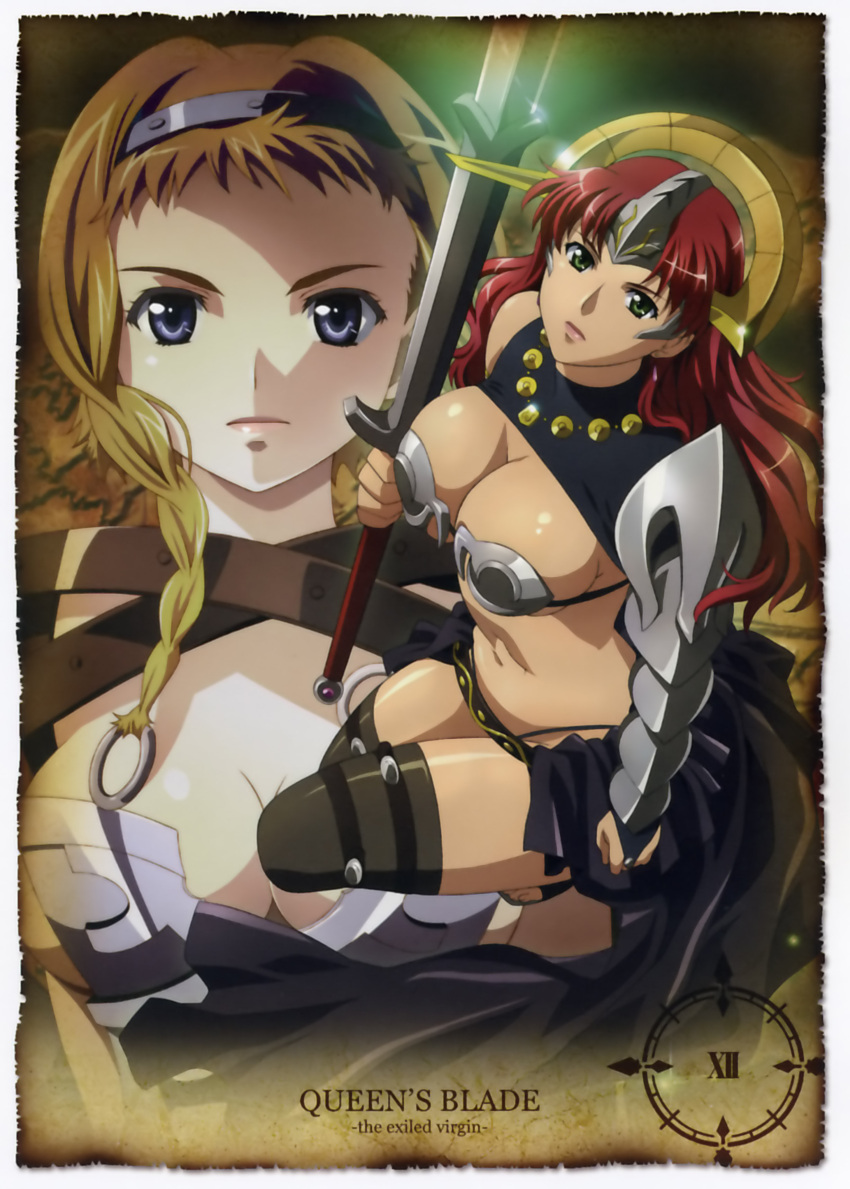 armor blonde_hair clawdette cleavage highres leina overfiltered queen's_blade queen's_blade red_hair reina sword thigh-highs weapon
