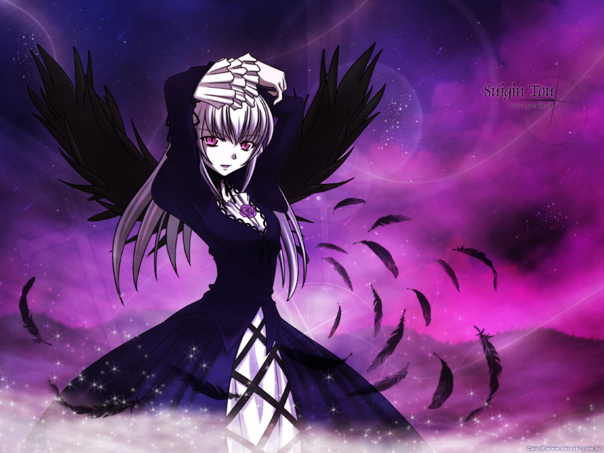 feathers gothic gothic_lolita mercury_lampe pink_eyes rozen_maiden suigintou white_hair wings