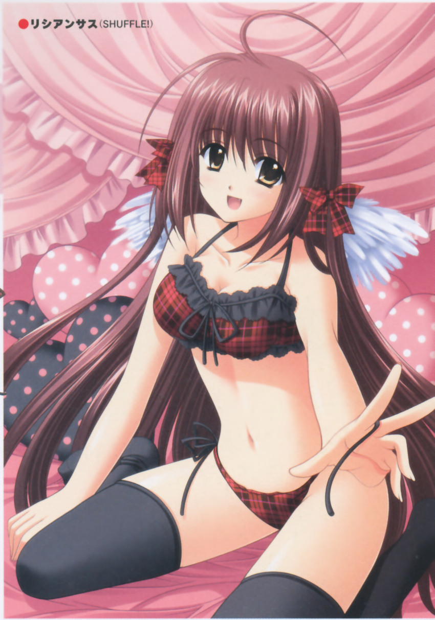 ahoge angel_wings bed bra breasts brown_eyes brown_hair cleavage fang hair_ribbon highres lingerie lisianthus long_hair midriff navel nishimata_aoi official_art open_mouth panties ribbon shuffle shuffle! side-tie_panties smile thigh-highs thighhighs underwear wings