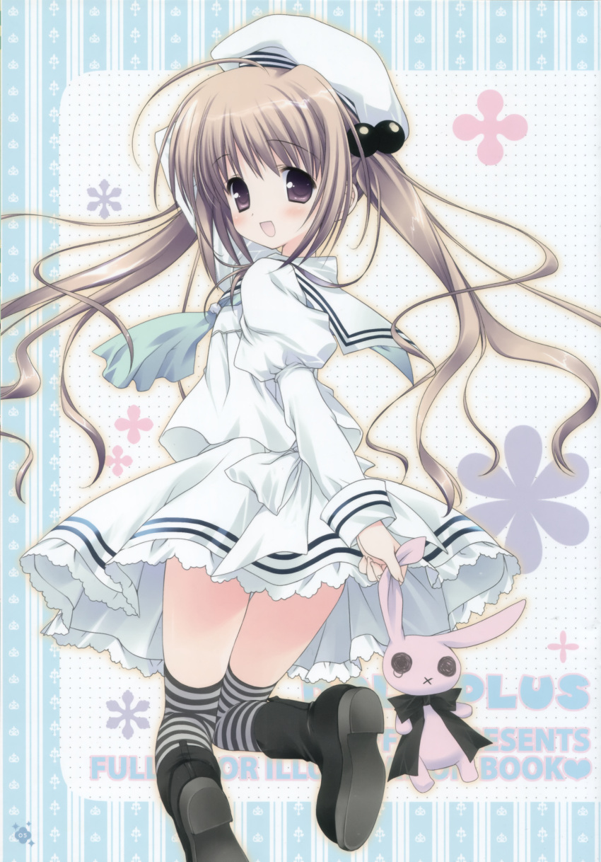 1girl :d :x absurdres brown_eyes brown_hair copyright_request dress frill_frill hair_bobbles hair_ornament hat highres looking_back morinaga_korune open_mouth school_uniform serafuku shoes smile striped striped_legwear stuffed_animal stuffed_bunny stuffed_toy thigh-highs thighhighs twintails white_dress