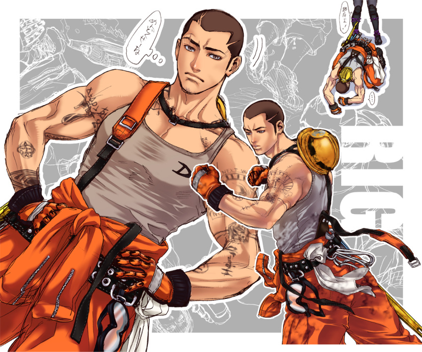 1boy belt brown_hair buzz_cut character_name dead_or_alive dead_or_alive_5 f-15jrs facial_hair fighting_stance gloves hands_on_hips hardhat helmet muscle overalls rig_(doa) scar solo stubble tank_top tattoo translation_request