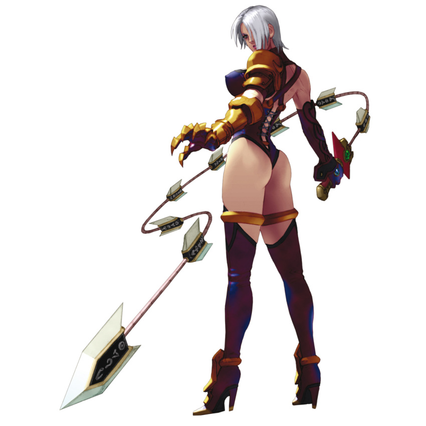 1girl ass boots female full_body hair_over_one_eye high_heels highres holding holding_weapon holding_whip isabella_valentine ivy_valentine kawano_takuji namco official_art shoes short_hair simple_background solo soul_calibur soulcalibur soulcalibur_ii standing sword thigh_boots thighhighs weapon whip whip_sword white_background white_hair