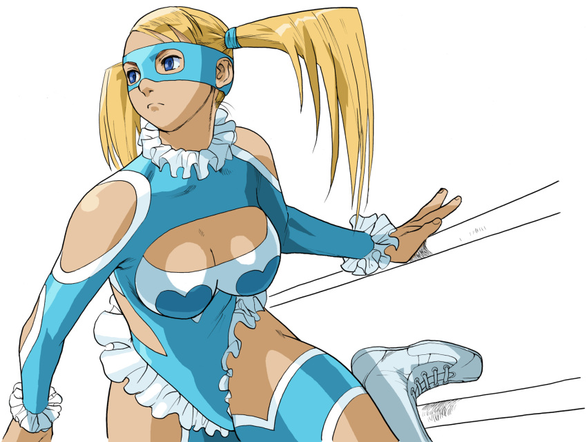 1girl bare_shoulders bengus blonde_hair blue_eyes breasts capcom covered_collarbone long_hair mask rainbow_mika simple_background solo street_fighter tagme twintails very_long_hair wrestling wrestling_outfit