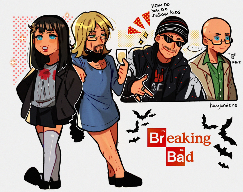 ... 2boys \m/ \n/ artist_name bald_eagle bat_(animal) bird blue_eyes breaking_bad commentary copyright_name cosplay cup eagle english_commentary english_text facial_hair glasses green_eyes highres holding holding_cup how_do_you_do_fellow_kids_(meme) huyandere jane_margolis jane_margolis_(cosplay) jesse_pinkman jesse_pinkman_(cosplay) jewelry logo male_focus meme multiple_boys ring simple_background skyler_white skyler_white_(cosplay) spoken_ellipsis standing sunglasses walter_white walter_white_(cosplay) white_background