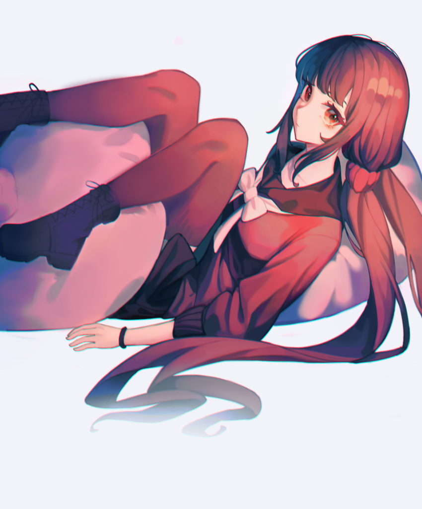 1girl absurdres bangs biio_(wa02426) black_footwear black_sailor_collar black_skirt brown_hair closed_mouth collarbone danganronpa_(series) danganronpa_v3:_killing_harmony from_side harukawa_maki highres knees_up long_hair long_sleeves looking_at_viewer low_twintails pleated_skirt red_eyes red_scrunchie red_shirt red_thighhighs sailor_collar scrunchie shiny shiny_hair shirt shoes simple_background skirt solo thigh-highs twintails very_long_hair white_background