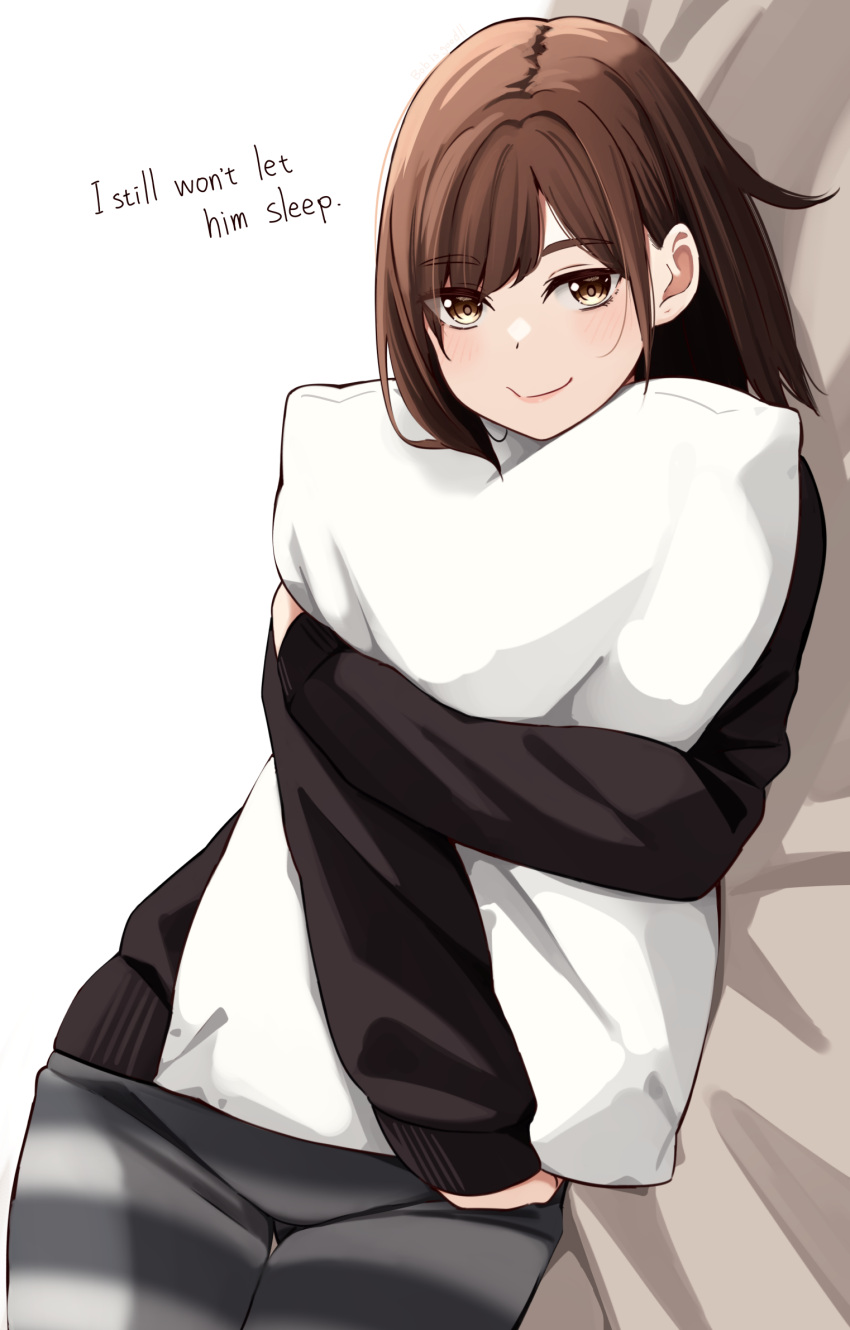 1girl alternate_language ass_visible_through_thighs bed_sheet black_shirt blush bob_cut brown_eyes brown_hair closed_mouth cowboy_shot english_text grey_pants highres kapatarou long_sleeves looking_at_viewer lying object_hug on_side original pants pillow pillow_hug shirt simple_background sleeves_past_wrists smile solo thick_eyebrows white_background