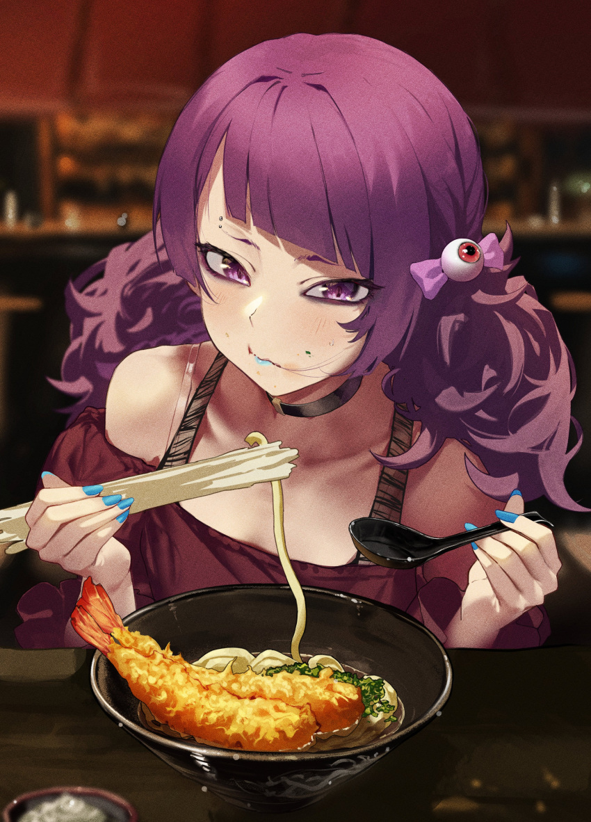 1girl absurdres ai_drawing_anime_characters_eating_ramen_(meme) blue_lips blue_nails blurry blurry_background bowl eyeball_hair_ornament eyebrow_piercing food hair_in_mouth highres holding_utensil idolmaster idolmaster_shiny_colors kimi_(hearty_yuuki) meme noodles piercing purple_hair short_twintails tanaka_mamimi tsurime twintails utensil violet_eyes