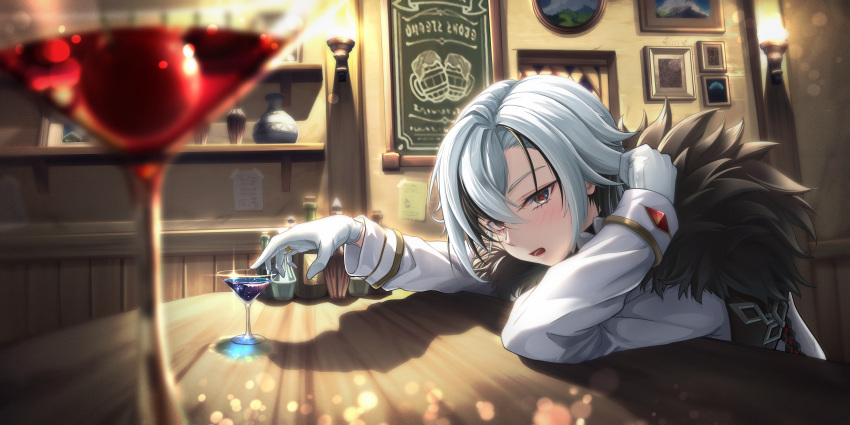1girl absurdres alcohol arlecchino_(genshin_impact) bar_(place) black_eyes black_hair blurry blurry_foreground blush coat cup drunk elbow_rest fur-trimmed_coat fur_trim genshin_impact gloves grey_hair hair_between_eyes highres jewelry long_sleeves looking_at_viewer multicolored_hair open_mouth rayu_(snowwhite_ki) red_pupils ring sitting solo symbol-shaped_pupils two-tone_hair white_coat white_gloves x-shaped_pupils