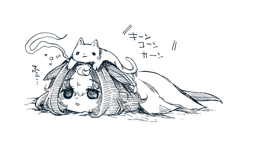 1girl ahoge animal_ears animal_on_head bangs blanket cat greyscale highres horse_ears horse_girl horse_tail lying mame_nabe_donko meisho_doto_(umamusume) monochrome motion_lines multicolored_hair on_head on_stomach open_mouth solo tail tail_wagging translation_request two-tone_hair umamusume