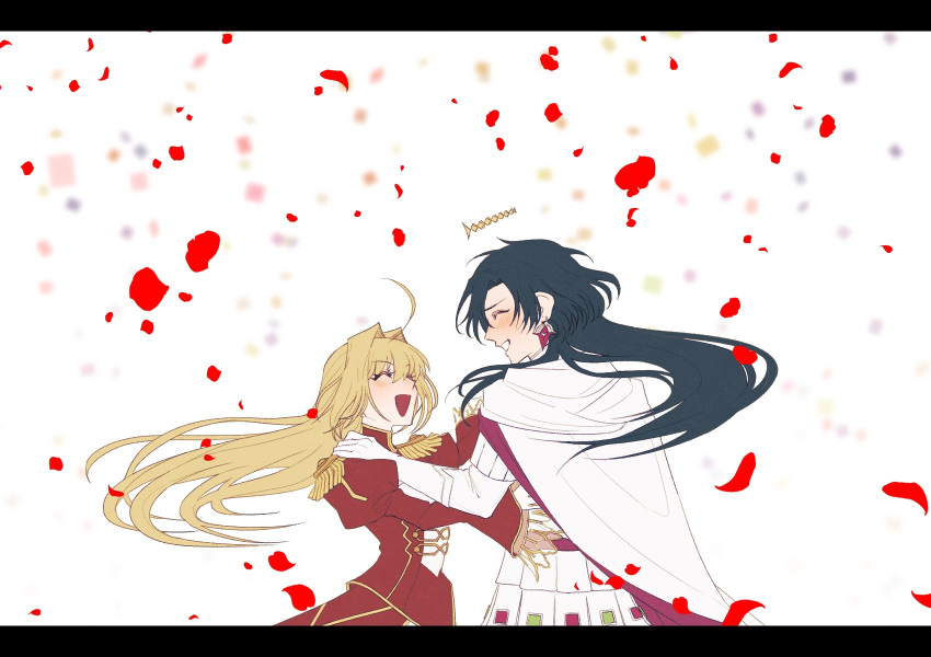 1boy 1girl :d ^_^ ahoge armor black_hair blonde_hair blush cloak closed_eyes commentary constantine_xi_(fate) dancing dress earrings epaulettes facing_another falling_petals fate/grand_order fate_(series) gloves grin hair_between_eyes hair_down hair_intakes halo hand_on_another's_shoulder highres jewelry juliet_sleeves letterboxed long_hair long_sleeves lv1na_ura nero_claudius_(fate) nero_claudius_(fate/extra) petals profile puffy_sleeves red_dress smile upper_body white_armor white_background white_cloak white_gloves
