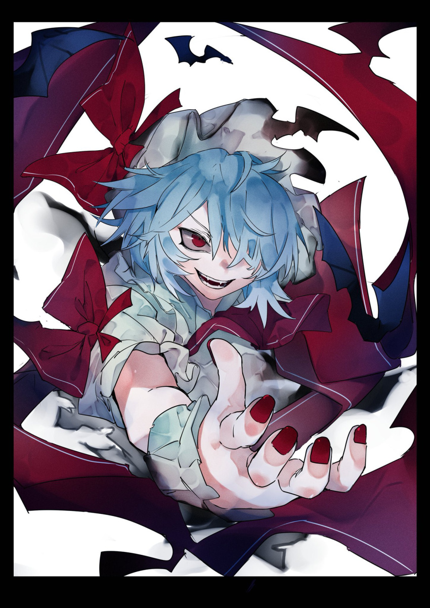 1girl bat_wings black_background black_border blue_hair border bow foreshortening hair_over_one_eye hat highres ikurauni letterboxed nail_polish perspective pillarboxed red_bow red_eyes red_nails remilia_scarlet solo teeth touhou wings