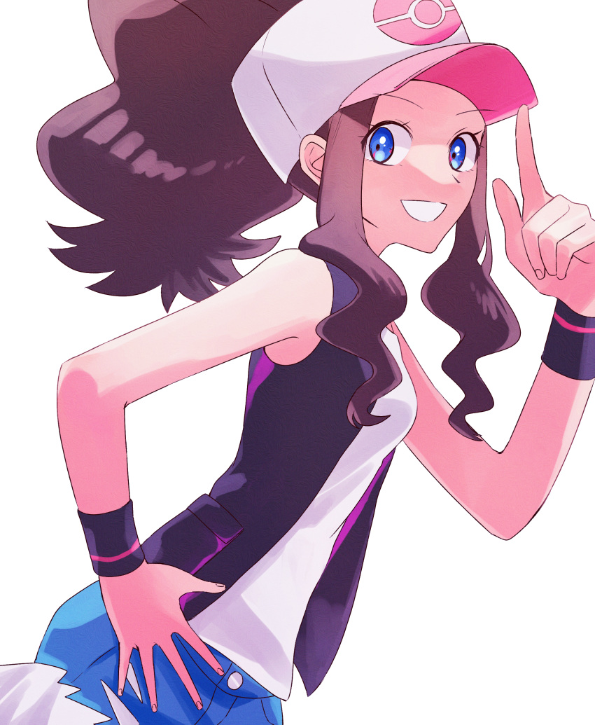 1girl :d absurdres baseball_cap black_vest blue_eyes brown_hair curly_hair cutoffs denim denim_shorts enamo_(dcah) exposed_pocket eyebrows_visible_through_hat hand_on_headwear hand_on_hip hat high_ponytail highres hilda_(pokemon) long_hair pokemon pokemon_(game) pokemon_bw shirt short_shorts shorts sidelocks sleeveless sleeveless_shirt smile solo tank_top vest white_background white_shirt wristband