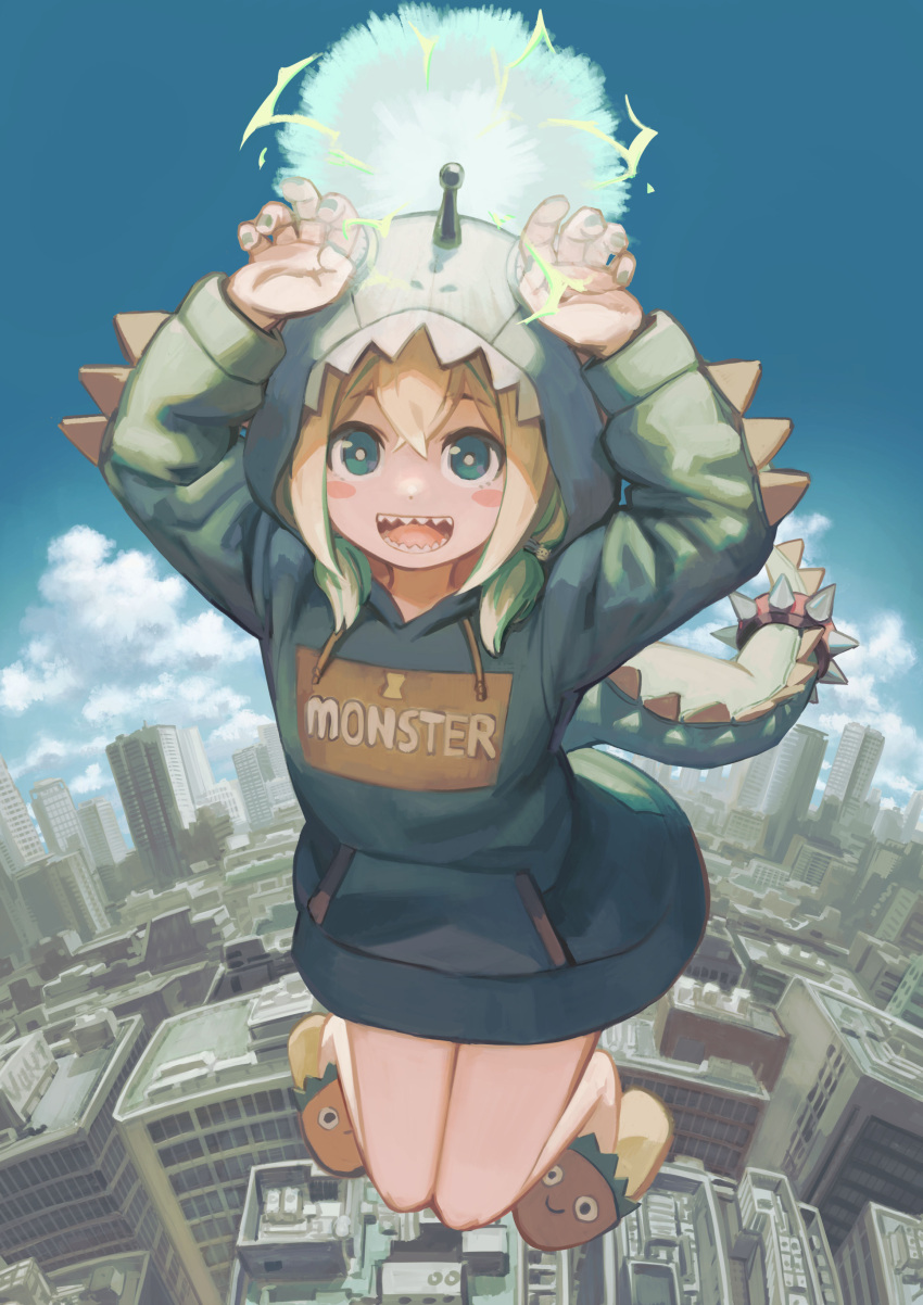 1girl absurdres amano_pikamee animal_hood arms_up blonde_hair blue_sky blush_stickers bright_pupils city clouds electricity fake_tail floating full_body green_eyes green_hair green_hoodie green_nails hair_between_eyes highres hood hood_up hoodie kyo_mizusawa looking_at_viewer low_twintails medium_hair multicolored_hair open_mouth outdoors sharp_teeth sky slippers solo streaked_hair tail teeth twintails two-tone_hair virtual_youtuber voms yellow_pupils