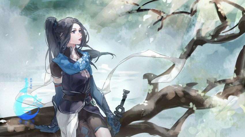 1girl absurdres artist_request asymmetrical_legwear black_hair blue_eyes branch detached_sleeves gloves highres holding holding_sword holding_weapon hua_jianghu_zhi_bei_mo_ting ji_ruxue_(hua_jianghu) light_rays parted_lips ponytail scarf second-party_source sitting sketch solo sword teeth weapon