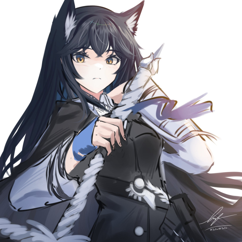 1girl animal_ear_fluff animal_ears arknights bangs black_cape black_hair black_jacket brown_eyes cape closed_mouth highres holding holding_sword holding_weapon jacket long_hair long_sleeves looking_at_viewer signature simple_background sketch solo sword texas_(arknights) texas_the_omertosa_(arknights) twitter_username unitaka upper_body very_long_hair weapon white_background wolf_ears