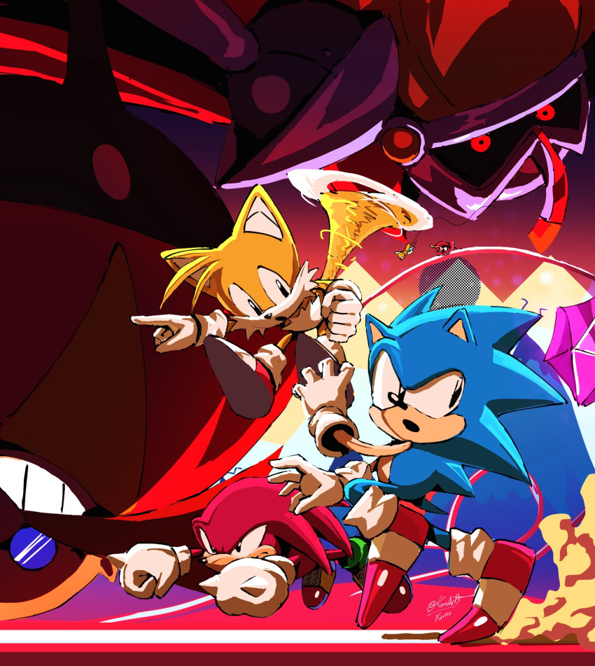 4boys dr._eggman floating furry furry_male glasses gliding gloves grin heavy_king highres knuckles_the_echidna kornart multiple_boys phantom_ruby pointing robot shoes smile sonic_(series) sonic_mania sonic_the_hedgehog tails_(sonic) upside-down white_gloves