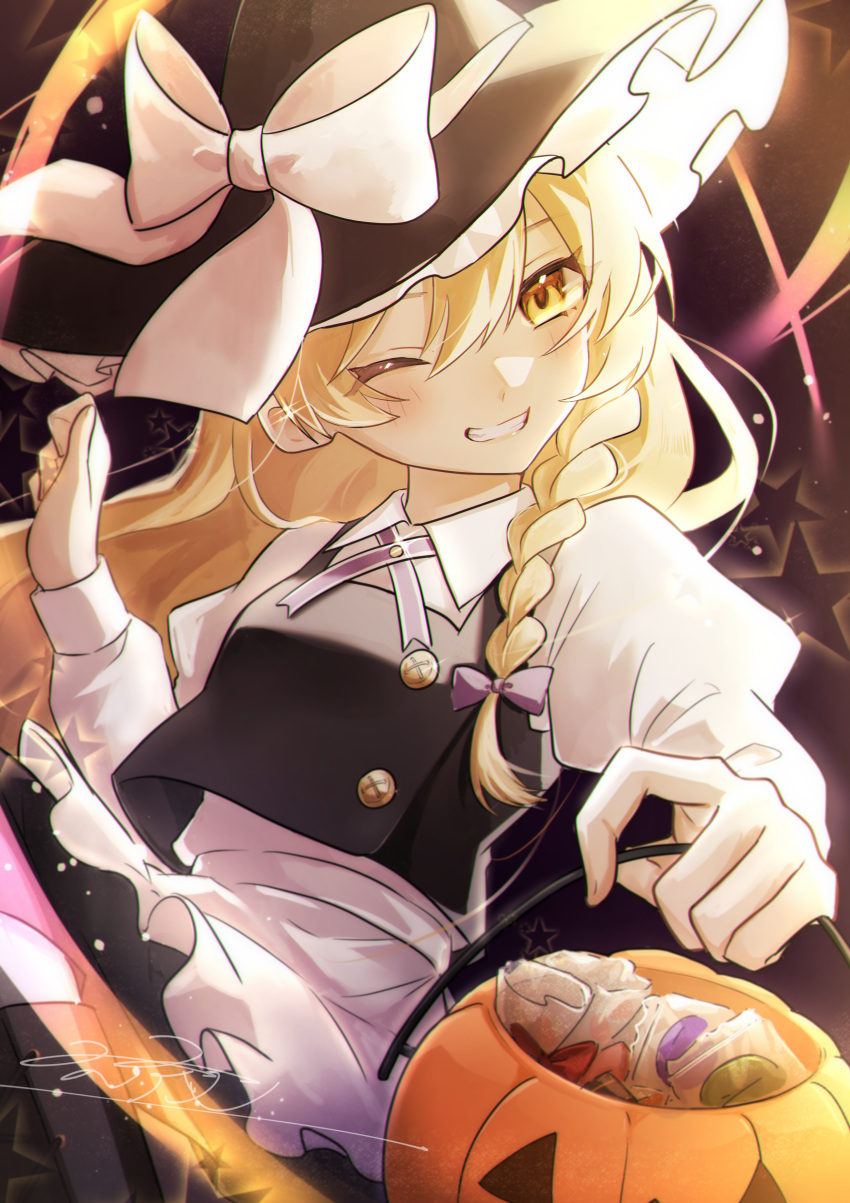 1girl absurdres apron black_headwear black_skirt black_vest blonde_hair blush bow buttons candy collared_shirt commentary eyebrows_hidden_by_hair food grin hair_between_eyes hair_bow halloween_bucket hand_up hat hat_bow highres juliet_sleeves kirisame_marisa long_hair long_sleeves looking_at_viewer one_eye_closed puffy_sleeves purple_bow rokuya_(68_zusao) shirt skirt skirt_set smile solo star_(symbol) teeth touhou upper_body vest waist_apron white_apron white_bow white_shirt witch_hat yellow_eyes