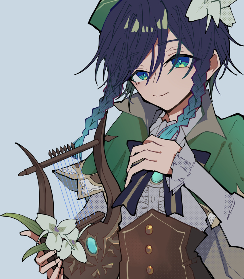 1boy black_bow black_bowtie black_hair bow bowtie braid brown_corset buttons capelet clip_studio_paint_(medium) corset flower genshin_impact green_capelet green_eyes green_headwear highres holding holding_instrument instrument long_sleeves looking_at_viewer lyre mikaalpha293 puffy_sleeves shirt simple_background smile solo twin_braids venti_(genshin_impact) white_shirt