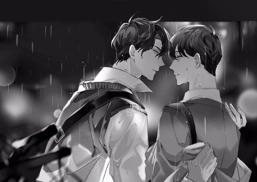 2boys bangs commentary eye_contact face-to-face from_behind greyscale hello9158 highres kim_dokja long_sleeves looking_at_another male_focus monochrome multiple_boys omniscient_reader's_viewpoint parted_lips rain shirt short_hair upper_body yoo_joonghyuk