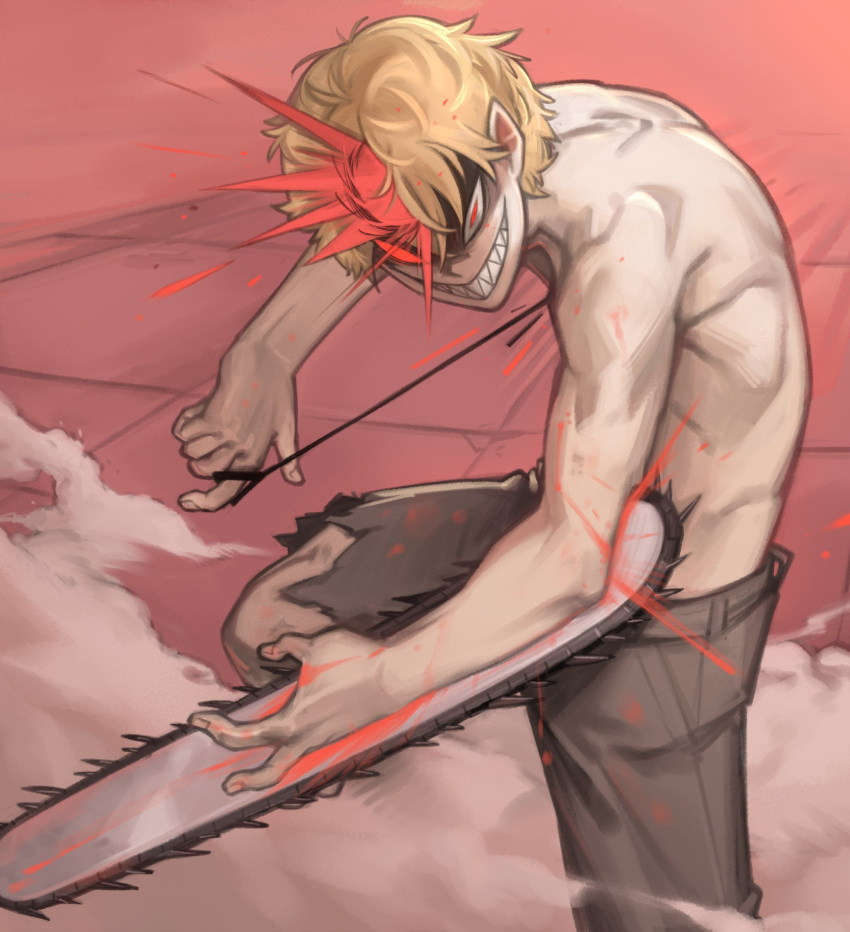 1boy blonde_hair blood blood_on_hands blood_splatter blood_spray chainsaw_man denji_(chainsaw_man) evil_smile highres kelvin_hiu looking_at_viewer red_eyes sharp_teeth short_hair smile smoke solo string_pull teeth topless_male torn_clothes torn_legwear