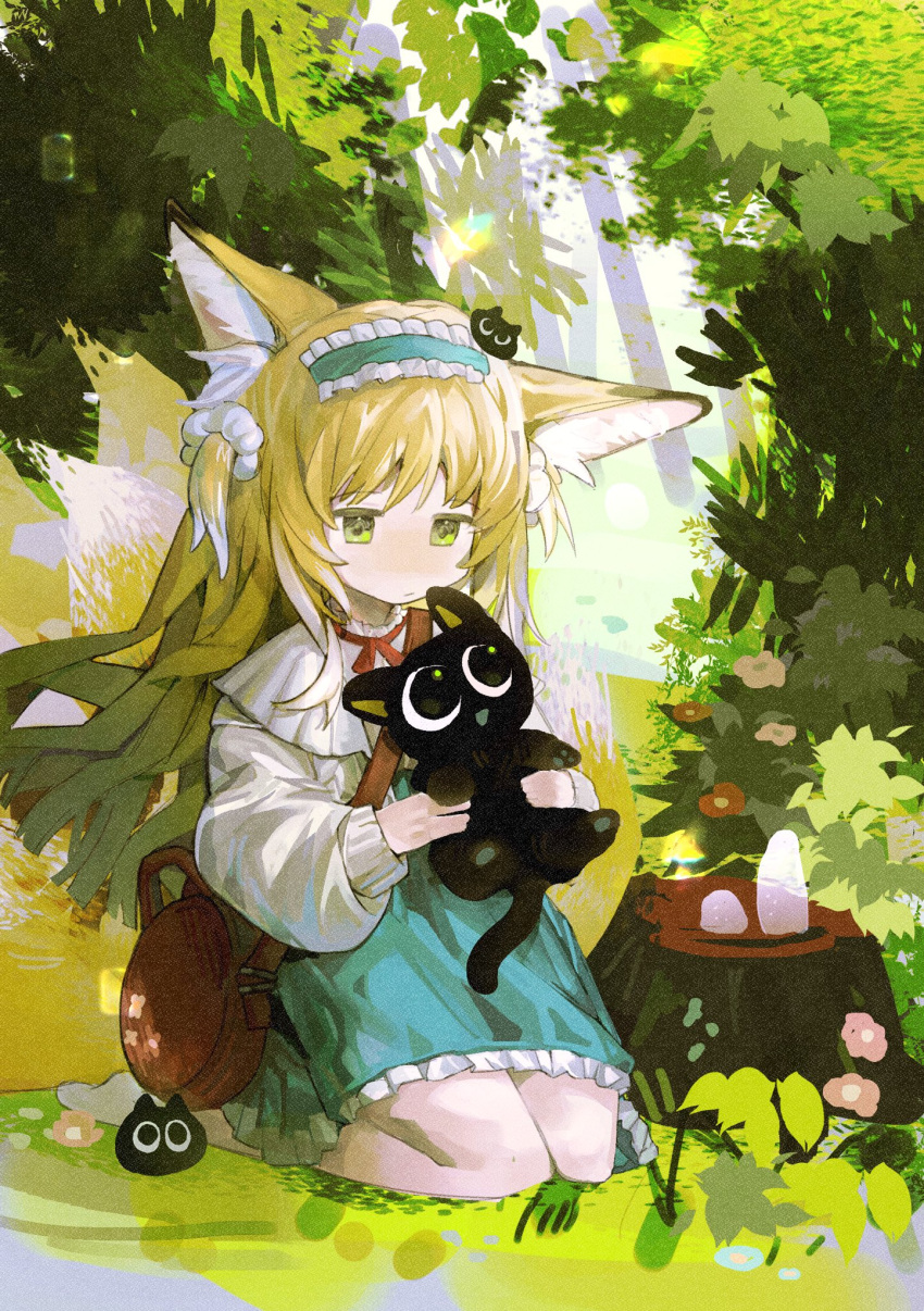 1girl animal animal_ears arknights black_cat blonde_hair blue_hairband blush cat closed_mouth commentary_request day expressionless fox_ears fox_girl fox_tail frilled_hairband frills full_body grass green_eyes hairband highres holding holding_animal holding_cat kylin370moon long_hair long_sleeves neck_ribbon official_alternate_costume on_grass outdoors red_ribbon ribbon sitting suzuran_(arknights) suzuran_(spring_praise)_(arknights) tail