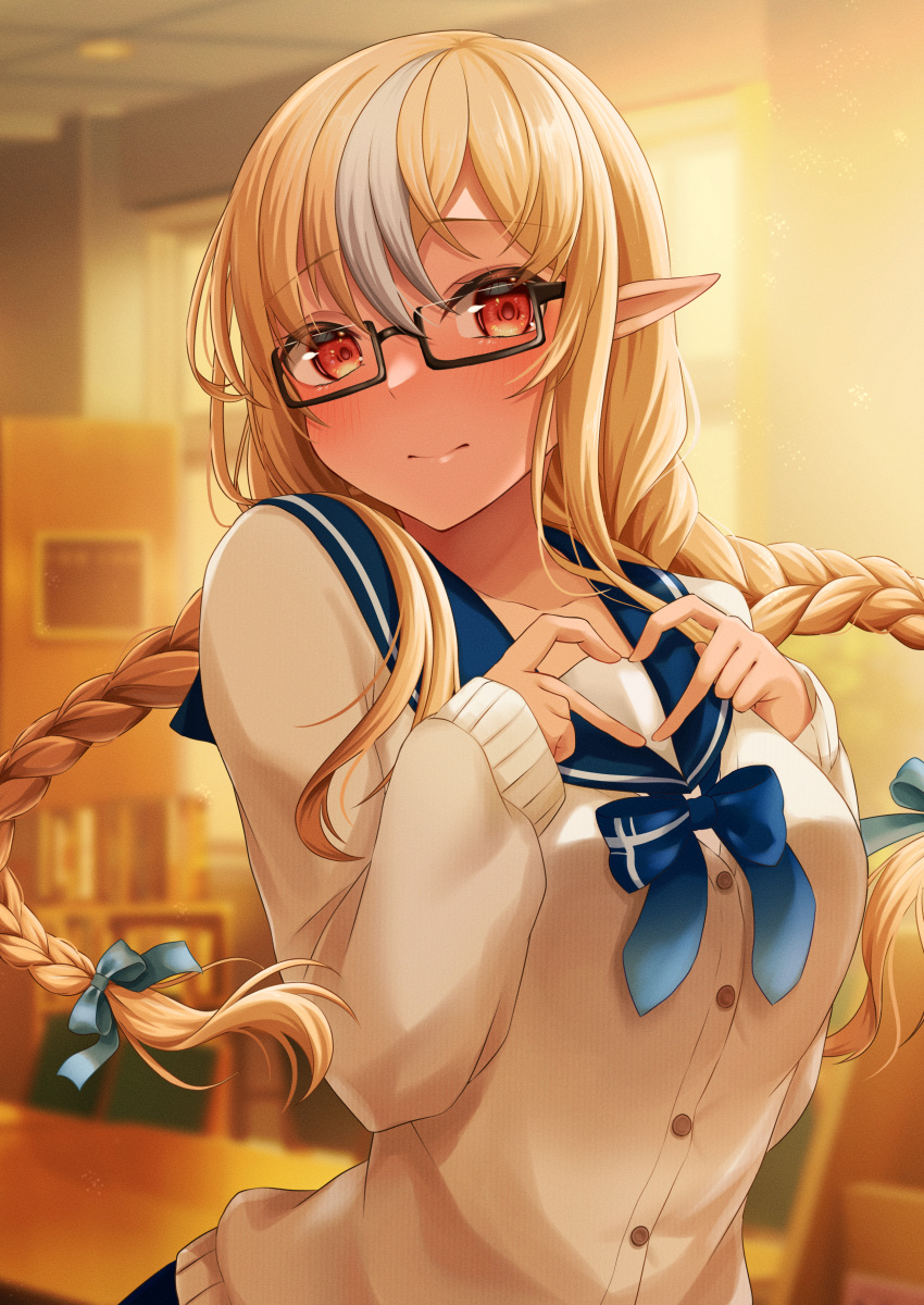 1girl absurdres blonde_hair blue_bow blue_bowtie blue_sailor_collar blush bow bowtie braid buttons closed_mouth collarbone dark-skinned_female dark_skin elf glasses grey_sweater hair_bow heart heart_hands highres hololive indoors long_hair long_sleeves looking_at_viewer multicolored_hair pointy_ears red_eyes sailor_collar school_uniform shiranui_flare solo streaked_hair sweater twin_braids twintails virtual_youtuber white_hair window yudame